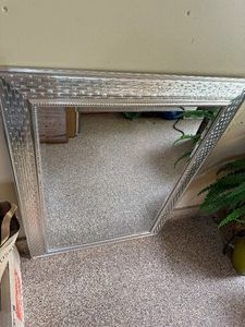 Large Silver Tone Framed Wall Mirror Basketweave Style Approx 36in W