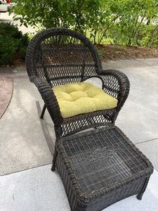 Pier 1 Wicker Patio Rocking Chair & Ottoman Brown w Cushion 43in High