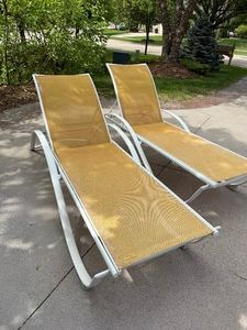 Pair Outdoor Patio Chaise Lounge Chairs White Frame Tan Sling Mesh