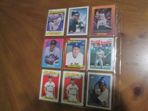 Double Sided page of sports cards featuring Wade Boggs, Roger Clemons, Will Clark, Mark Grace, Larry Johnson and more