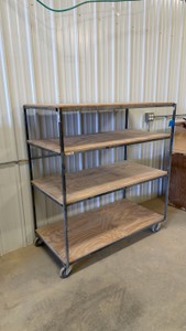 4-tier Rolling Steel Cart with wood shelves.