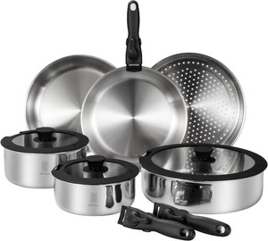 $190 ROYDX 20pcs Tri-Ply Stainless Steel Cookware Set, 1810 Stainless Steel Pots and Pans Set with Detachable Handle Cookware Set, PFOA Free, for All Stoves, Space Saving Induction Oven Safe