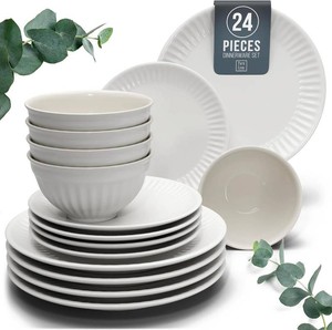 $135 Stoneware Dinnerware Set for 8 People HYGGE 24-Piece - Elegant Scandi Design - Premium Dish Set - Bowl and Plate Set - Tableware for 8 People in a Ribbed Design - Pure Living in White
