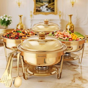 $190 Chafing Dishes for Buffet 4 Pack, 6QT Food Warmers for Parties Buffet, Christmas Gatherings Elegant All-Gold Colors Stainless Steel Round Chafing Dish Buffet Set,Buffet Servers and Warmers