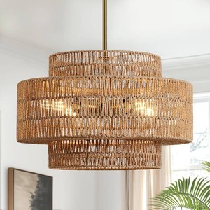 $140 4-Light Boho Rattan Chandelier Light Fixture, 17.7  Hand Woven Rustic Chandeliers Farmhouse Chandelier Hanging Light for Dining Room Kitchen Island, Living Room, Foyer