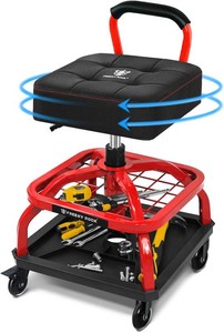 $120 Rolling Shop Stool with Wheels, Garage Mechanic Shop Chair with Handle Backrest, Adjustable Height Work Stool, Roller Seat with Tool Tray Storage, Heavy Duty, 330 LBS Capacity, Red