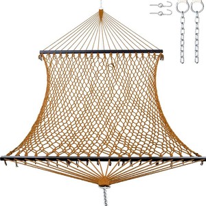 GAFETE 12ft Double Hammocks for Outside, Handwoven Traditional Cotton Rope 2 Person Hammock with Hardwood Spreader Bar, Chains & Hooks for Indoor Outdoor, Max 450 lbs Capacity (Coffee Brown, Medium)