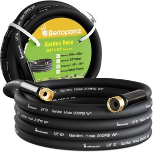 Beitopamz Garden Hose 25 ft x 58 in Heavy Duty Water Hose, Flexible and Durable, Lightweight Rubber Hybrid Hose, Leak-Free Connections, Male to Female 34 Brass Fittings for Patio, Lawn, Black