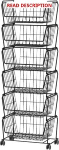 PUSDON 6-Tier Tall Stackable Wire Storage Baskets with Wheels, Vertical Metal Rolling Utility Cart, High Capacity Produce Basket for Kitchen Pantry, Snack Organizer, Matte Black