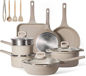 CAROTE Pots and Pans Set Non Stick, 16Pcs Kitchen Cookware Set, Stackable Induction Cookware, Pot and Pan set, Pans for Cooking, Taupe Granite Pots and Pans Set Non Stick,