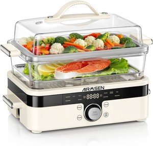 $150 AIRMSEN Glass Food Steamer for Cooking - 8.5QT Vegetable Steamer with 2-Tier Stainless Steel Trays, 1200W Super Fast Heating for Veggies, Seafood & Rice, BPA-Free