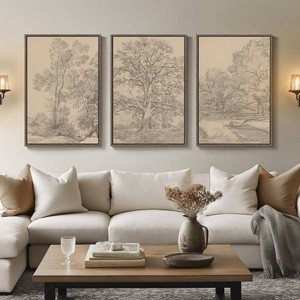 $150 2 PCS Large Vintage Framed Neutral Landscape Wall Art for Living Rooms, 2 Piece Retro Big Tree Sketch Botanical Forest Antique Canvas Artwork Set, Rustic Nature Wabi Sabi Art Prints for Hallway Home Office 24x36 Inch