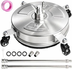 Hourleey 14 Pressure Washer Surface Cleaner, Stainless Steel Surface Cleaner with 4 Wheels for Concrete, Patio, Sidewalk, Deck, Pathway 14 Quick Connector, 2 Extension Wand, 4000 PSI