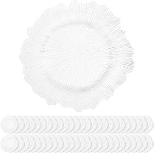 50 Pack White Charger Plates Bulk, 13 Plastic Reef Chargers for Dinner Plates, Round Charger Plate with Floral Reef Design for Dinner Wedding Party Table Setting Decoration
