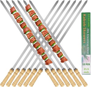 21.5 inch Long Flat Skewers for Kabobs (12 PCS),0.4 Wide 304 Stainless Steel Barbecue Kebab Skewers for Grilling with Wood Handle,Durable for BBQ Metal Kabob Skewer Sticks for Outdoor