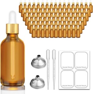 Bumobum 2 oz Dropper Bottle, Amber Glass Eye Dropper Bottles with Golden Top Cap for Essential Oils, 99 pack Tincture Bottle with Labels and Funnel