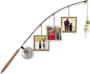 Youngs Inc Wood Fishing Pole Triple Photo Frame   Rustic Lake House Wall Fish Decor with Hanging 4x4 Frames, Lodge & Woodland Cabin Accent for Fishermen, Outdoor Enthusiasts, and Family Memories