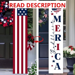 Two Sided Patriotic Porch Sign, 47.2 Wooden 4th of July Front Door Decor, 250th Independence Day Long Vertical Red White Blue USA Flag God Bless America Home Outdoor Yard Decorations