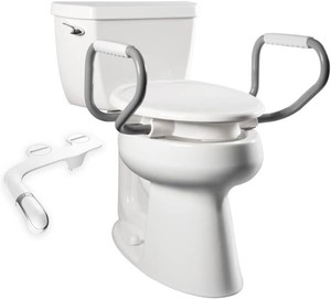 $184 Bemis Assurance 3 Raised Toilet Seat with Handles and Bidet Attachment, Therapist Preferred for Safety, Secure Hinges, Clean Shield Guard, Elongated, White