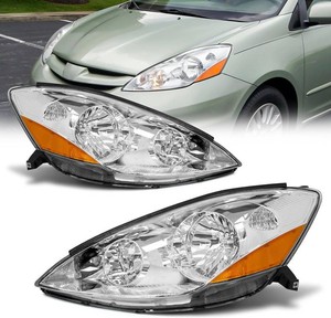 $125 Headlight Assembly for 2006 2007 2008 2009 2010 Toyota Sienna Chrome Housing with Amber Reflector Left and Right (Not Compatible with Factory HID Option) WO Bulbs