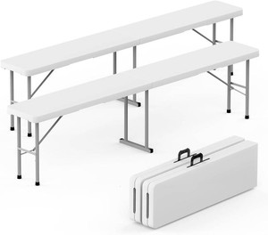 HLPB Folding Bench 6 ft, Foldable Plastic Bench with Handle and Smooth HDPE Tabletop, Protable inOutdoor Picnic Party Camping Dining Seat, 2 Pack, White
