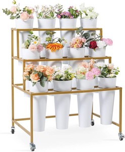 $150 Flower Cart Display Stand, 3 Layers Metal Flower Bar Stand with 360  Swivel Wheels and Brake, Flower Display stand with Iron Buckets, Durable than Plastic Buckets, Flower Holder for Florist or Wedding