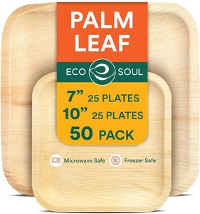 ECO SOUL Palm Leaf Like Bamboo Plates, 7 & 10 Inch Square, 50 Pack Bulk Disposable Dinnerware Combo, Compostable Biodegradable Natural Wooden Tableware, Party Pack for Catering, Wedding, Events