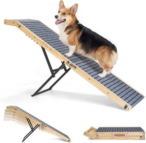 $130 Veehoo Folding Dog Ramp for Bed Couch, 65 Long Stairs for Dogs to Get on High Bed with Platform and 5 Adjustable Height 20 to 31 , Wooden Senior Dog Ramp Steps for Small to Large Dogs, up to 220lbs