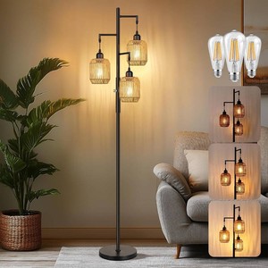 ROTTOGOON Dimmable Boho Floor Lamp - 3 Light Farmhouse Rattan Floor Lamp for Living Room, Industrial Tree Floor Lamps with 3 X 6W LED Bulbs, Rustic Standing Tall Lamp for Bedroom, Office, 68, Black