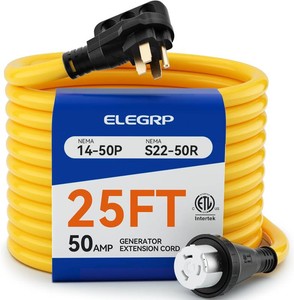 $140 ELEGRP 50 Amp RVGenerator Extension Cord, 25FT NEMA 14-50P to SS2-50R Twist Lock, 6381 Gauge STW, Heavy Duty 50A RV Power Cord for CamperGeneratorHouse, UL Standard Compliant, 3-Year Support