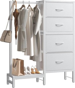 3 TIER Dresser with Hanging Rack, White Fabric Dresser for Bedroom, Closet Organizer with Clothes Rack, Shoe Rack & Hooks, Tall Storage Tower for Small Spaces, Apartment, Dorm, Entryway
