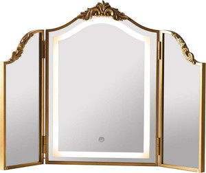 $178 HSDDHOME Antique Gold Triple Fold Makeup Mirror with Tri-Color LED Lighting & Dimming, Baroque Carved Arch Vintage Vanity Mirror, Bohemian Decor for BedroomDressing Room, 31x23 Inch