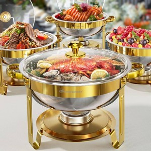 $122 Chafing Dish Buffet Set 4 Pack, 5QT Gold Round Chafing Dishes for Buffet, High Grade Chafers and Buffet Warmers Sets with Glass Lid, Rolled-Edge Food Warmers for Parties, Weddings, Catering