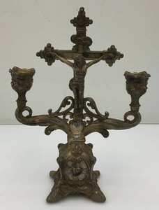 AntiqueVintage Catholic Viaticum Sick CallLast Rites Silver Plated Pewter Travel Cucifix, Candlestick Holder 10 12 Tall