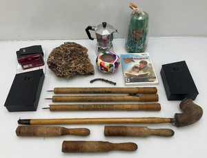 Misc. Vintage Items Including Portable Miniature Aluminum Coffee Pot , Lava Rock And More