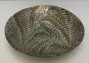 Vintage Turkish Akcam Silverina Glass Ornate Peacock 12 Bowl (Silver Flacking Off Back)