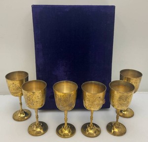 Set Of 6 Vintage Heavy Brass Gobblets 6 12 Tall marked Saudi Arabia In Velvet Case