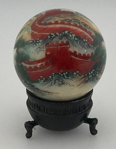 Vintage Unique Chinese Hand Painted Jade Ball With Artist Signature And Stand 2