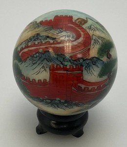 Vintage Unique Chinese Hand Painted Jade Ball With Artist Signature And Stand 2