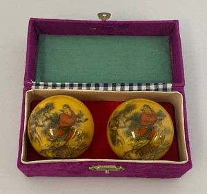 Very Old Chinese Jade  Qiqong Balls Set With Samuri With Tiger In Original Box