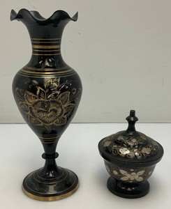 Vintage Elegant Black And Brass Etched Vase 9 12 And Covered Dish 5