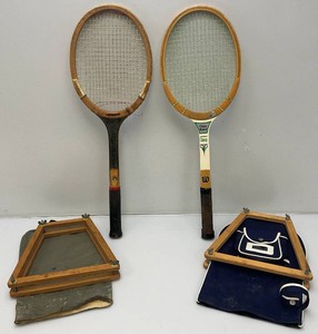 Two Vintage Tennis Rackets And Protective Holders One Is Chris Evert Wilson And One Is Bangcroft Streamline
