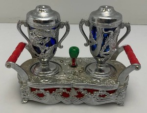 Vintage Exquisite 1950s Metal Musical Oriental Themed Salt &amp pepper Shakers On Stand Made In Japan