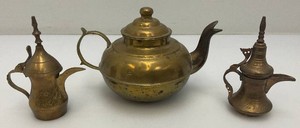 Two Vintage Etched Brass Turkish Style Teapots 4 12 And Brass Teapot 4 34 x 5