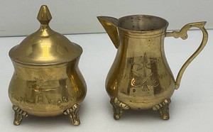 Vinjtage Etched (Saudi Arabia) Brass Sugar Dish With Lid 4 12 And Creamer 3 34
