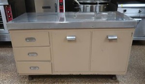 GALVINIZED COUNTER WITH 2 LARGE TIP OUT BINS WITH 3 DRAWERS