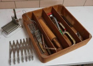 MISC VINTG KITCHEN UTENSIL SET WITH ANTIQUE ENAMIL BUTTER CUTTER