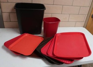 BRAND NEW GARBAGE CANS AND MISC SERVING TRAYS