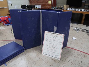 3 PADDED BLUE GYM MATTS & DRY ERASE BOARD
