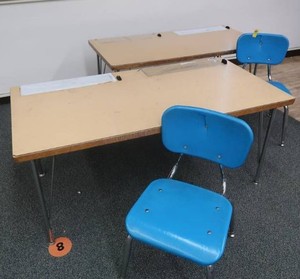 SMALL RECTANGULAR TABLE AND 2 CUTE BLUE CHAIRS